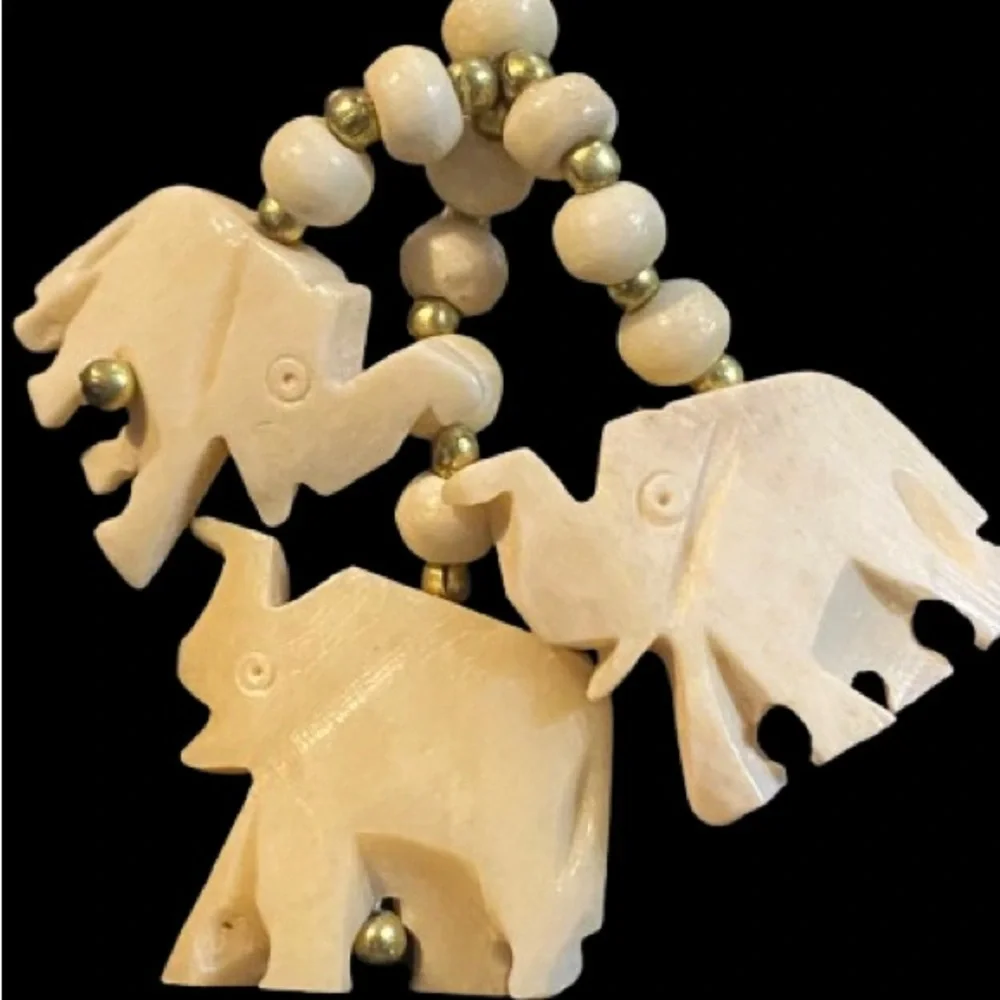 Vintage Carved Bone Cream Beaded Necklace with 3 Elephant Pendants Good Luck